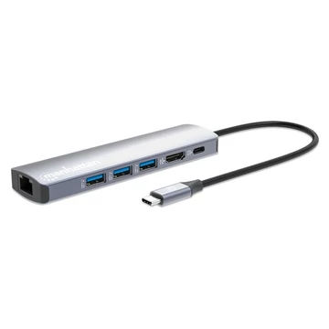 Manhattan USB HUB - USB-C PD 6-in-1 Type-C to HDMI, 3db USB-A, USB-C PD(100W) és Gigabit RJ45