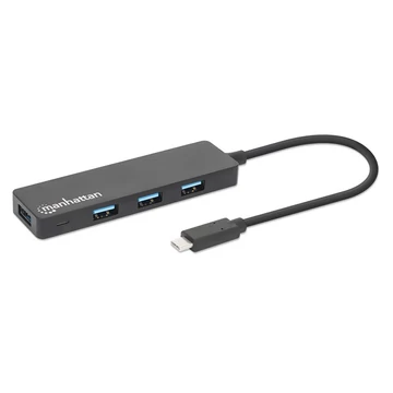 Manhattan USB HUB - 4db USB 3.0 Type-C Hub, USB-C Male to 4db USB-A Females, Fekete
