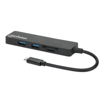 Manhattan USB HUB - 3db USB 3.0 Type-C + kártyaolvasó, SD / MicroSD, 5 Gbps, Fekete