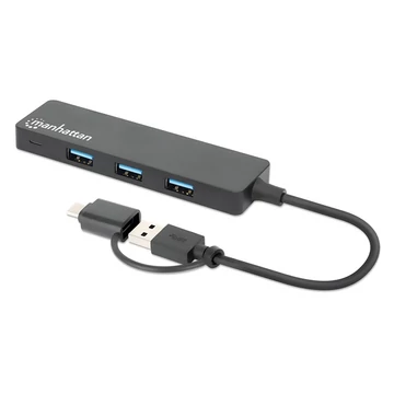 Manhattan USB HUB - 4db USB 3.0 Type-C / Type-A Combo Hub, USB-C Male és USB-A Male to 4 db USB-A Females, Fekete