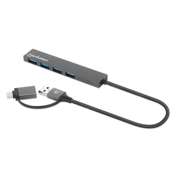 Manhattan USB HUB - 4db USB 3.0 Type-C / Type-A Combo Hub, USB-C Male és USB-A Male to 4db USB-A Females, Ezüst