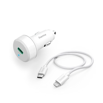 Hama Autós töltő - 201611 (Szivargyújtós, +USB-C to Lightning adatkábel, PD / QC, 20W, 1m, fehér)