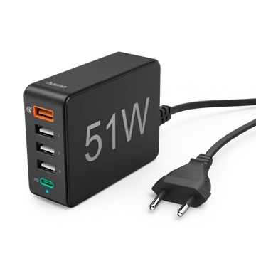 Hama Hálozati töltő - 201630 (5in1, 4xUSB-A, 1xUSB-C, PD / QC, 51W, fekete)