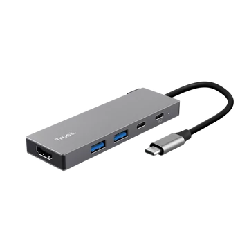 Trust Kábel Átalakító - Dalyx 5in1 Multiport USB-C (szürke, aluminium, USB-C apa / HDMI + Type-C + USB3.2 anya)