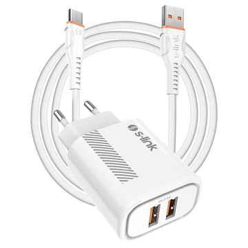 S-Link Hálózati töltő - SL-EC50 (2xUSB, 5V / 2.4A, 12W, Gyorstöltés, Micro-USB 100cm adat + töltőkábel, fehér)