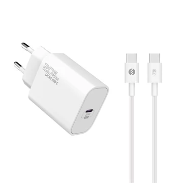 S-Link Hálózati töltő - SL-EC62TP (20W, QC4.0 Gyorstöltés,Type-C to Type-C, 100cm adat + töltőkábel, fehér)