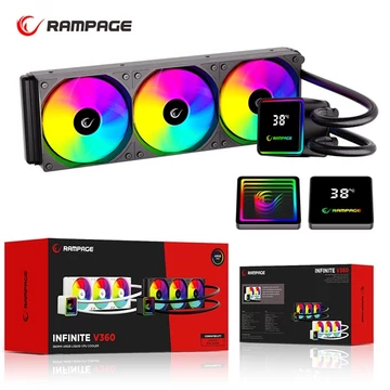 Rampage CPU Water Cooler - INFINITE V360 (Mágneses kijelző, 36,9dB max., 98,54 m3 / h; 3x12cm, A-RGB LED, fekete)