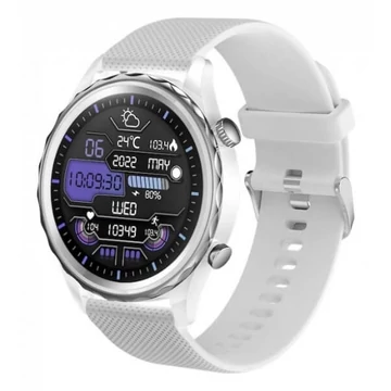 A modern, kültéri Carneo Queen HR+ fitnesz okosóra elegáns fehér színben, ezüstszínű rozsdamentes acél lünettával, kerek SUPER AMOLED színes kijelzővel rendelkezik, amelyet kemény ásványi kristály véd. Méri a pulzusszámot, a stresszt, a BMI-t, a megtett t