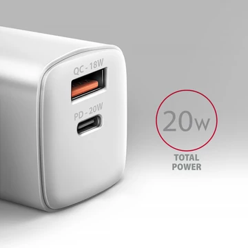 Hálózati töltő Axagon ACU-PQ22W 1x USB-C, 1x USB-A, PD3.0/QC3.0/AFC/FCP/Appple, 22 W, fehér