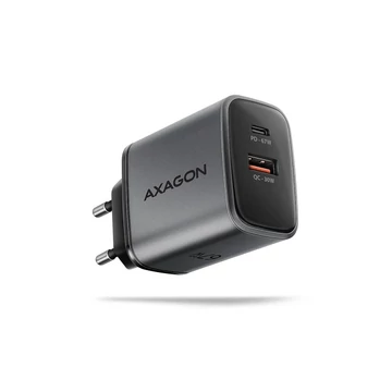 AXAGON ACU-PQ67 GaN hálózati töltő, 2x port (USB + USB-C), PD3.0/QC4+/PPS/Apple, 67W, szürke