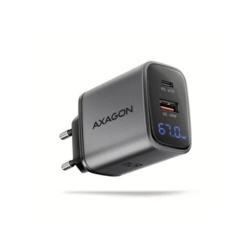 AXAGON ACU-PQ67D GaN hálózati töltő, 2xport (USB + USB-C), PD3.0/QC4+/PPS/Apple, 67W, LED kijelző