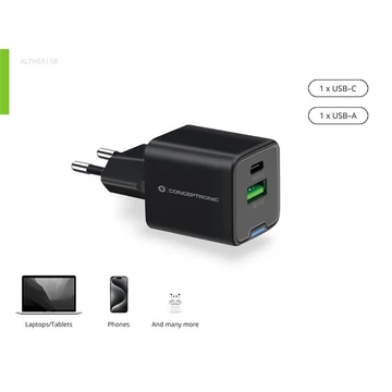 Conceptronic telefon töltő adapter - ALTHEA15B (USB-C + USB-A, 20W, fekete)