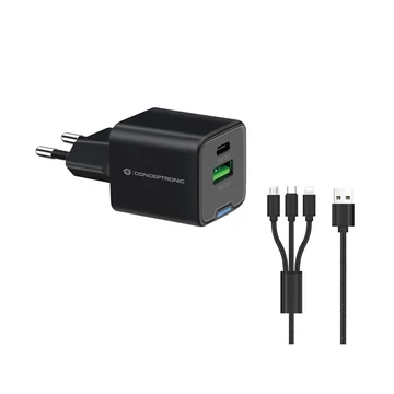 Conceptronic telefon töltő adapter + kábel - ALTHEA16B (USB-C + USB-A, 33W, 3in1 töltő kábel, fekete)