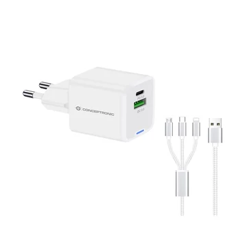 Conceptronic telefon töltő adapter + kábel - ALTHEA16W (USB-C + USB-A, 33W, 3in1 töltő kábel, fehér)