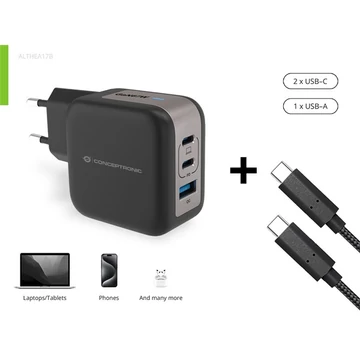 Conceptronic telefon töltő adapter + kábel - ALTHEA17B (2xUSB-C + USB-A, 67W, USB-C töltő kábel, fekete)