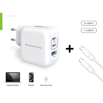 Conceptronic telefon töltő adapter + kábel - ALTHEA17W (2xUSB-C + USB-A, 67W, USB-C töltő kábel, fehér)