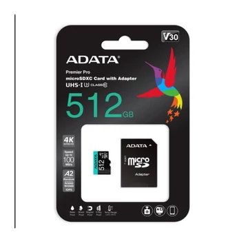 ADATA MicroSD kártya - 512GB microSDXC UHS-I U3 Class10 A2 V30S (R / W: 100 / 85 MB / s) + adapter