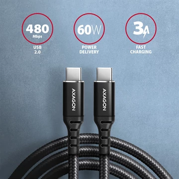 Kábel AXAGON  BUCM-CM30AB HQ 60W USB-C <> USB-C Cable 3m fekete
