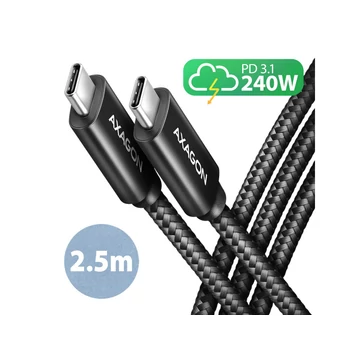 AXAGON BUCM2-CM25AB TÖLTŐ kábel USB-C <-> USB-C 2.0, 2.5m, PD 240W 5A, ALU, Fonott, fekete