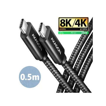 AXAGON BUCM4X-CM05AB kábel USB-C <> USB-C, USB4 Gen 3×2, 0.5m, PD240W, 8K HD, ALU, fonott, fekete