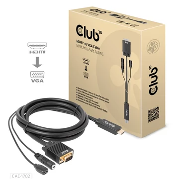 Club 3D Kábel - CAC-1712 (HDMI to VGA, M / M, 2m, 28AWG, 1080p, 3.5mm jack, Micro USB táplálás)