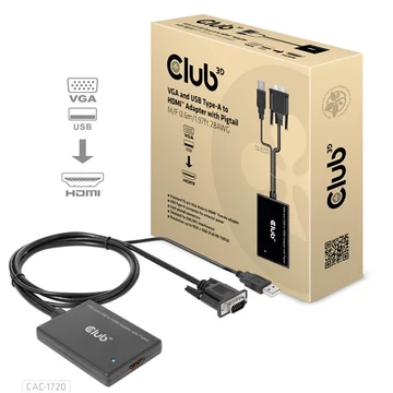 Club 3D Átalakító - CAC-1720 (USB-A & VGA to HDMI, M / F, 0.6m, 28AWG, Full HD 1080p)