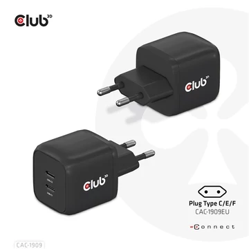 Club 3D Hálózati töltő - CAC-1909EU (45W GAN, USB-C Dual Port, PD 3.0, PPS, Kétportos)