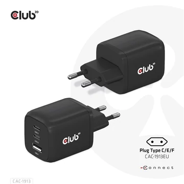 Club 3D Hálózati töltő - CAC-1913EU (65W GAN, Triple port 2xUSB-C 1xUSB-A PD 3.0)