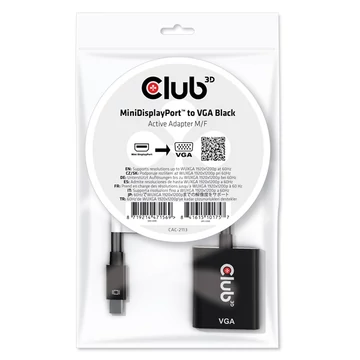 Club 3D Átalakító - CAC-2113 (Mini DisplayPor 1.1a to VGA, fekete, aktív, 1920x1200@60Hz, kompatibilis AMD / Nvidia / Intel)