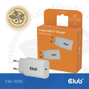 Club 3D Hálózati Adapter - CAC-3020 (2db / csomag, 30W USB-C, PD3.0, túltöltés védelem, kicsi méret, fehér)