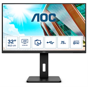 AOC VA monitor 31.5" U32P2, 3840x2160, 16:9, 350cd / m2, 4ms, 2xHDMI / DisplayPort / 4xUSB, Pivot, hangszóró