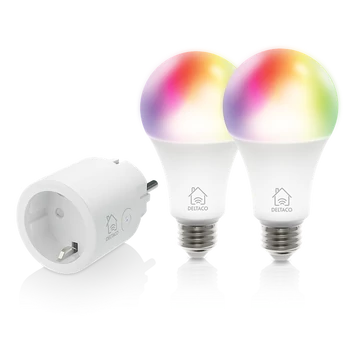 DELTACO SMART HOME SH-KIT01 kezdő okos csomag 2 db LE27RGB színes izzó + SH-P01 okos dugalj 10A, időkapcsoló