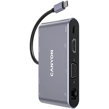 CANYON HUB 8-in-1, USB-C, 3xUSB3.0, 1xUSB-C, HDMI, VGA, Ethernet, Audio, szürke - CNS-TDS14