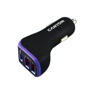 CANYON Autós Töltő, 3 portos, 2xUSB-A, 1xUSB-C, 5V-2,4A, 18W, fekete-lila - CNE-CCA08PU