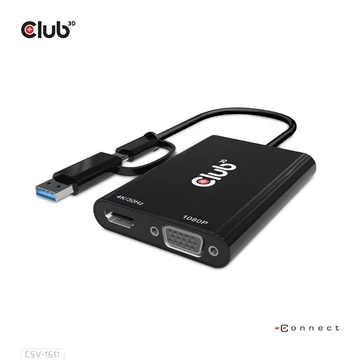 Club 3D Átalakító - CSV-1611(USB-C (USB-A Adapterrel) to Dual HDMI (4K / 30Hz) / VGA (1080 / 60Hz))