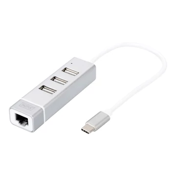 DIGITUS DA-70253 HUB 3-port USB 2.0 HighSpeed Typee C with Fast Ethernet LAN adapter, aluminium