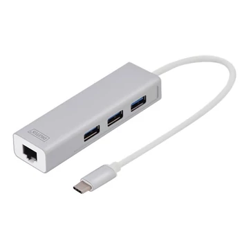 DIGITUS 3 Port USB 3.0 Type C Hub with Gigabit Ethernet 3xUSB A/F 1xUSB C/M 1xRJ45 LAN Supports Windows and Mac OS