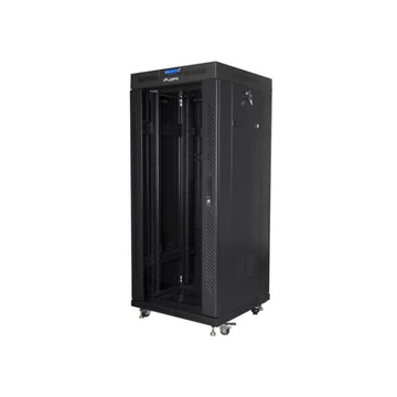 Lanberg FF01-6627-12BL 19"" 27U SZÉL:600mm MÉLY:600mm MAG:1431mm lapraszerelt LCD üvegajtós fekete álló rack szekrény