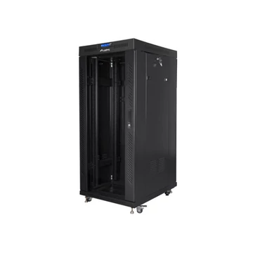 Lanberg FF01-6827-12BL 19"" 27U SZÉL:600mm MÉLY:800mm MAG:1431mm lapraszerelt LCD üvegajtós fekete álló rack szekrény