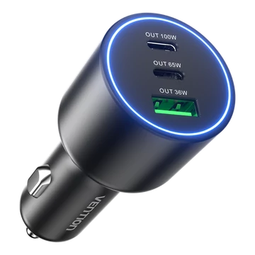 Vention USB-A+C*2 (3port,100/75/36W, fekete,szivargyújtós), töltő