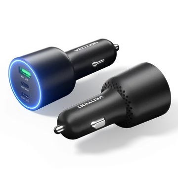 Vention USB-A+C*2 (3port,100/30/18W, fekete,szivargyújtós), töltő