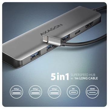 HUB AXAGON HMC-5H USB-C 5Gbps 5in1 hub Ezüst