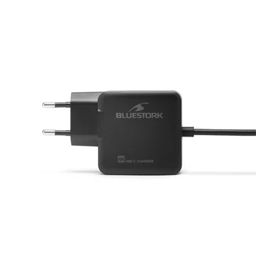 Bluestork Hálózati töltő - PW-BS-65-GAN-C / 2 (USB-C, 65W, 1,45m kábel, gyorstöltés,fekete)