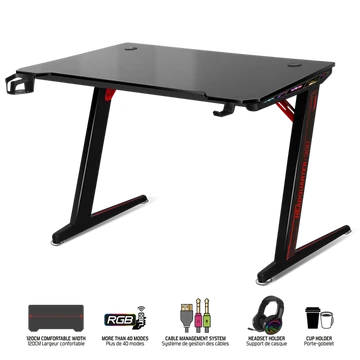 Spirit of Gamer Gamer Asztal - Headquarter 300 (MDF lap, fém lábak, fekete, RGB LED háttérvilágítás, 120 x 60 x 1,8 cm)