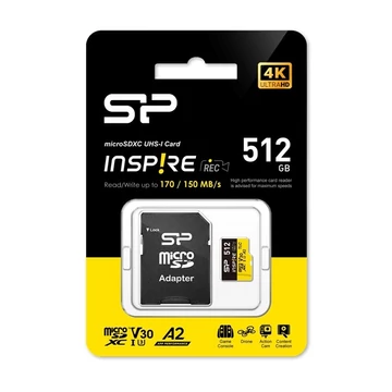 Silicon Power MicroSD kártya - 512GB microSDXC UHS-I U3, 3D TLC NAND (170 / 150 MB / s A2 / V30) DDR200 transfer rate