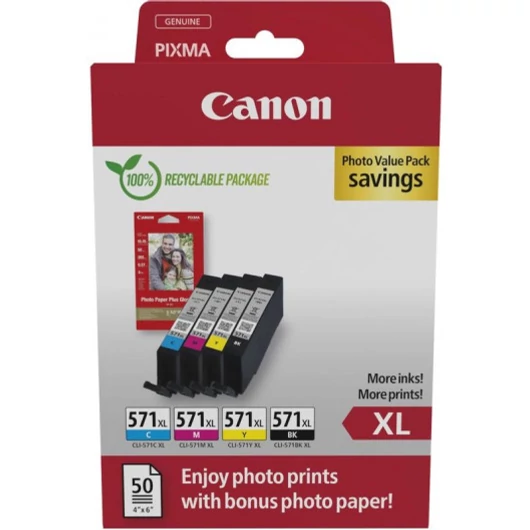 Canon CL-571XL Bk/C/M/Y (4x11ml) Tintapatron + 50 lap PP201 10x15 fényes fotópapír  Multipack Canon