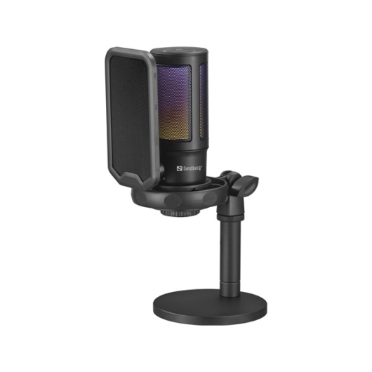 Sandberg Mikrofon - Streamer USB Microphone RGB (USB-C; Cardioid; RGB, 3,5 mm Jack fejhallgató kimenet, fekete)