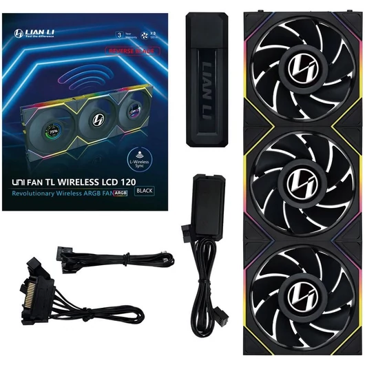 Ventilátor Lian Li UNI FAN TL-LCD Wireless ventilátor, 3db-os,fordított légáramlás,  120mm, feket