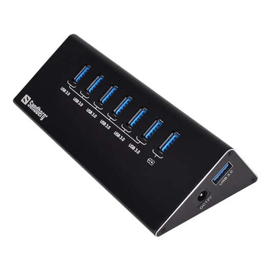 Sandberg USB Hub - USB3.0 Hub 6 + 1 port (fekete; 6adat + 1töltő port; 0,7m kábel; + power adapter)