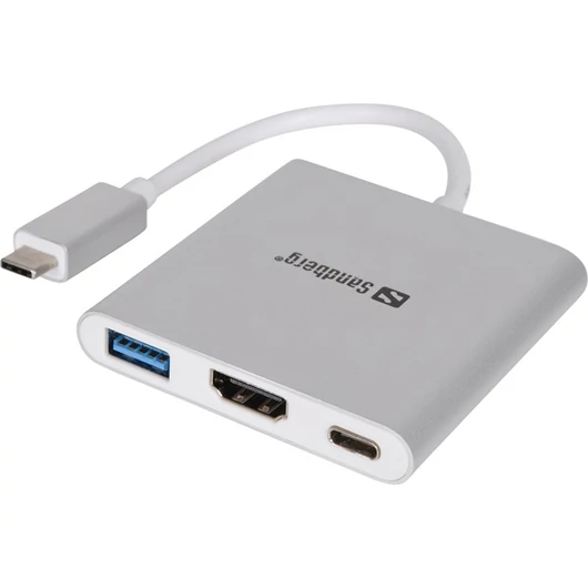 Sandberg Kábel Átalakító - USB-C Mini Dock HDMI + USB (ezüst; USB-C bemenet; HDMI + USB3.0 + USB-C power kimenet)